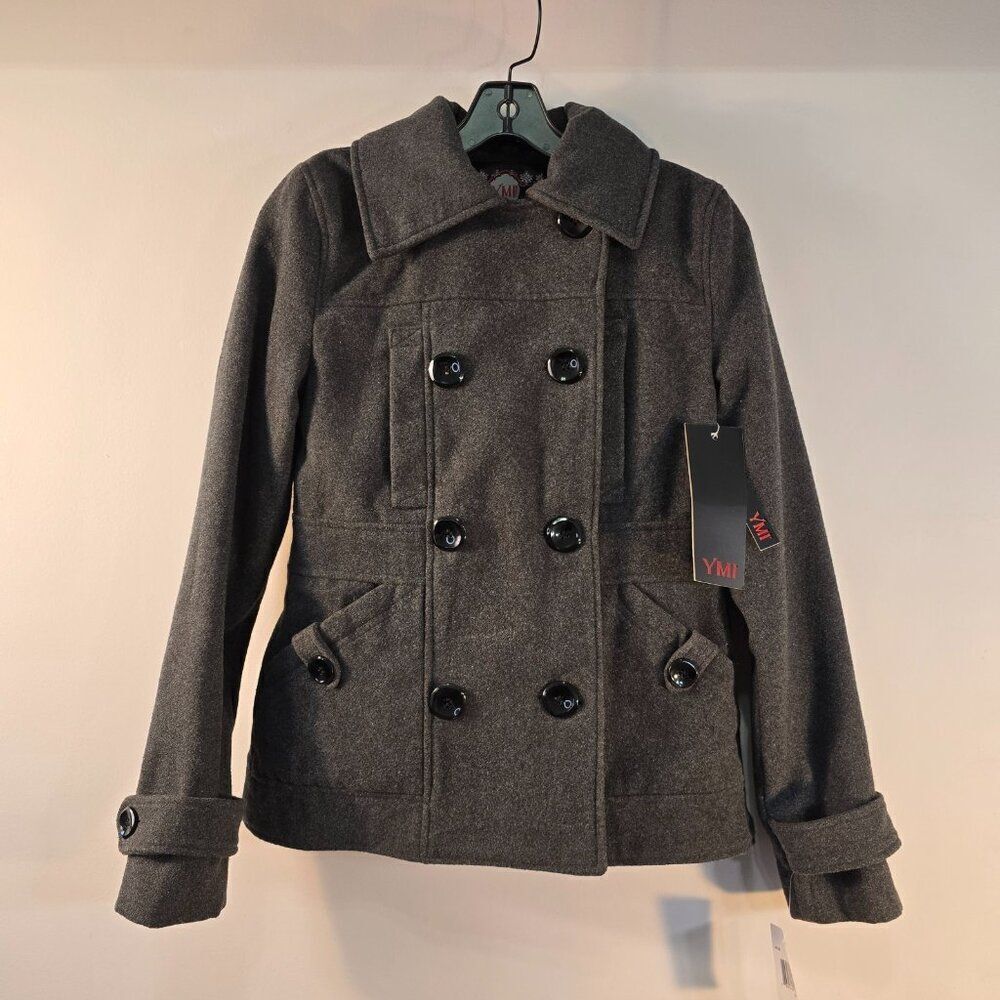 YMI Pea Coat Juniors Sz S Double Breasted w Back Tab Charcoal Gray Wool Blend